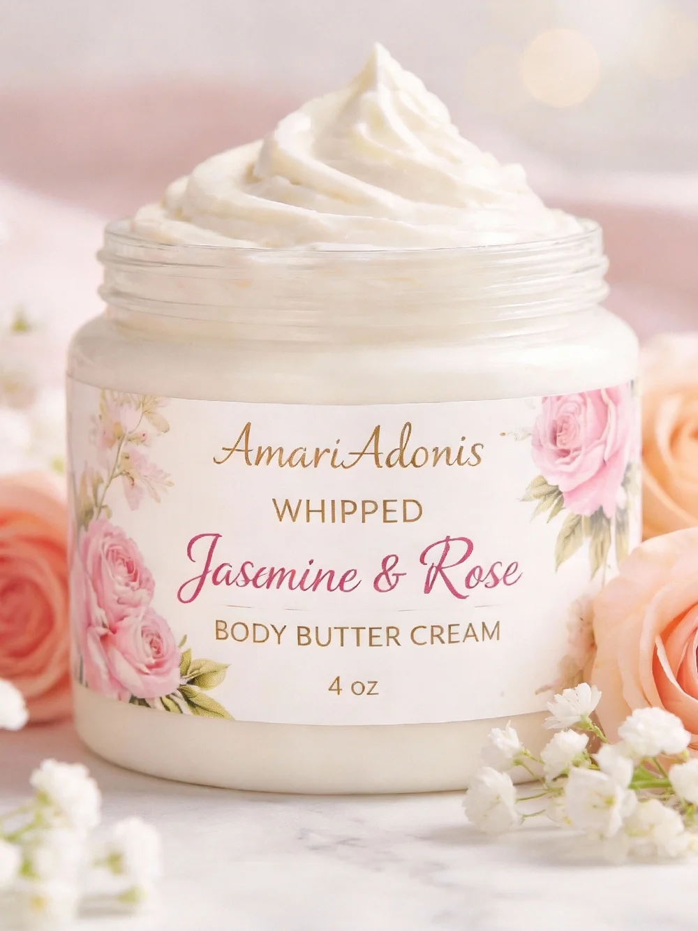 AmariAdonis Whipped Jasmine & Rose Body Butter Cream — White 6oz